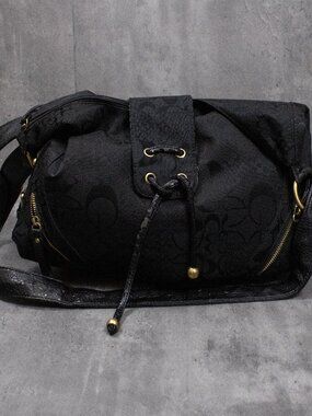Vintage Y2K Black Monogram Shoulder Bag Drawstring Slouch Purse OS